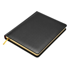 Black leather notebook with gold zipper isolated on transparent background