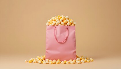 A pink shopping bag, overflowing with pop corn, on a plain beige background.