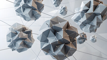 Modern 3D geometric shapes connected by lines in a futuristic network