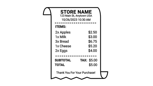Grocery store shopping receipt paper illustration.