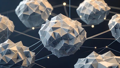 Stunning 3D polygonal spheres connected by glowing lines in dark space