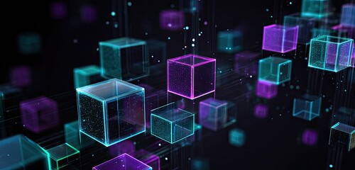 Glowing translucent cubes in varying sizes and colors float in space against a dark backdrop