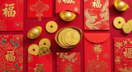 Chinese New Year celebration with red envelopes and gold coins