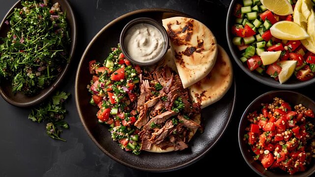 A plate of mouthwatering lamb shawarma with pita bread, Arabic salad, and tabbouleh on the side.