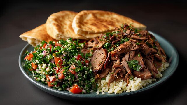A plate of mouthwatering lamb shawarma with pita bread, Arabic salad, and tabbouleh on the side.