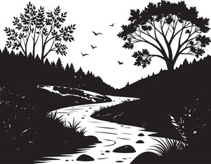  Peaceful Autumn River Silhouette Vector Illustration