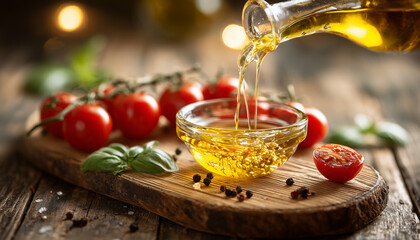 Olive oil pours into clear bowl near ripe tomatoes and fresh basil leaves. Rustic wooden board setup shows simple meal preparation with basic ingredients for healthy eating