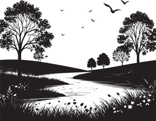  Peaceful Autumn River Silhouette Vector Illustration