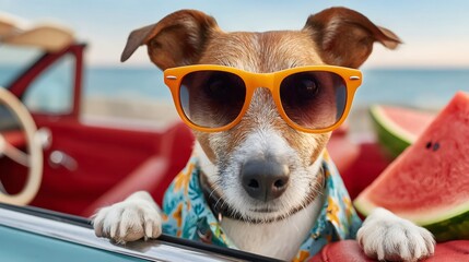 Dog wearing sunglasses driving convertible on summer beach vacation