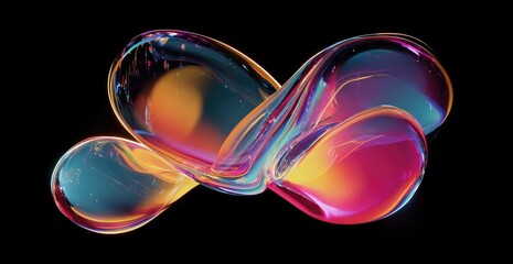 Glossy, iridescent, abstract, figure-eight, three-dimensional form floats on black