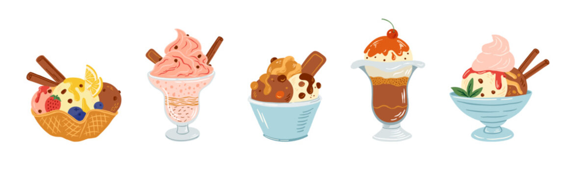 Sweet ice cream bowl set with fruits and toppings vector illustration in hand drawn cartoon style. Summer frozen dessert with creamy scoops