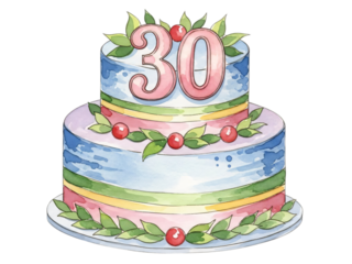 Watercolor cake with the number on top and cherry bottom and green.