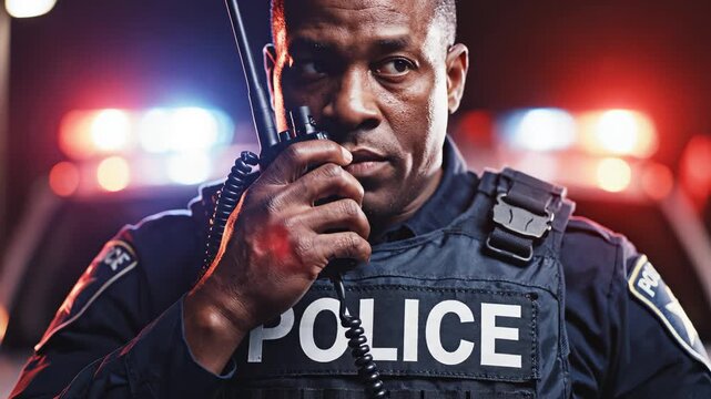 Police officer holding radio at night