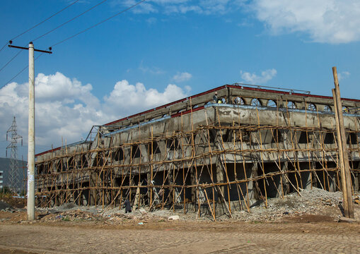 Wooden scaffolding on construction site of new office building, Addis abeba region, Addis ababa, Ethiopia