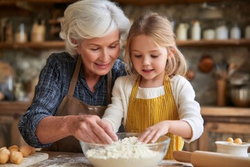 Grandmother and granddaughter baking cookies together in kitchen