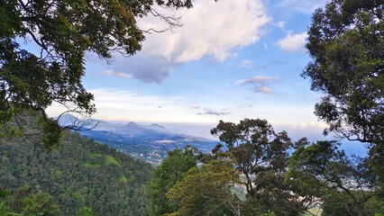Obraz premium Scenic mountain valley view through tropical trees from the slopes of Mount Burangrang in West Java, Indonesia.