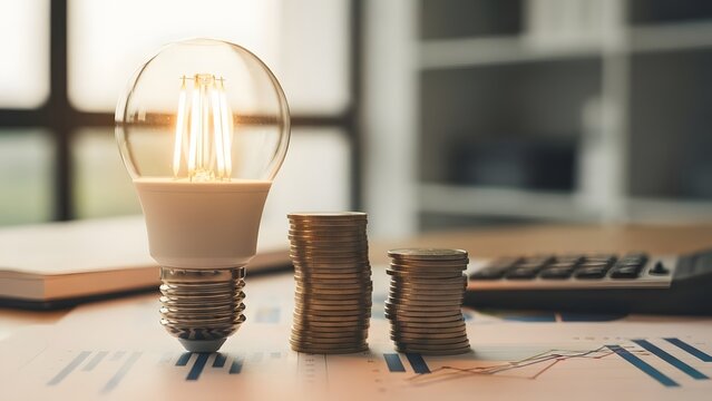 Glowing LED light bulb standing next to stacks of coins on financial documents. Energy cost and efficiency savings. Innovative technology reducing utility expenses and saving money