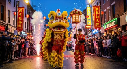 Obraz premium Vibrant Chinese lion dance performance in a bustling street festival