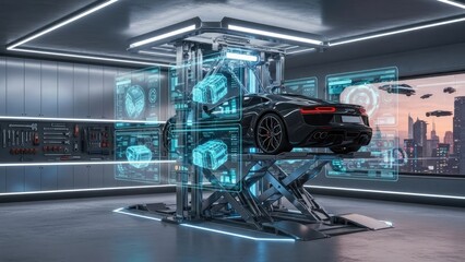 Futuristic car diagnostic with holographic interface in a modern garage setting