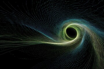 A dynamic, abstract artwork featuring flowing lines converging into a central, luminous vortex