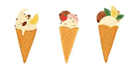 Hand drawn ice cream cone set vector illustration. Gelato, lemon icecream italian dessert.