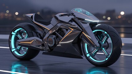 Futuristic Motorcycle with Neon Blue Wheels and Chrome Finish on Wet Surface at Night
