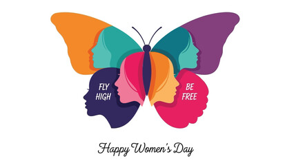 Vibrant butterfly with multi colored silhouettes celebrating women's day