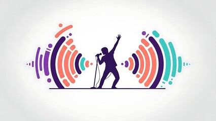 Dynamic musician performing with vibrant sound waves background