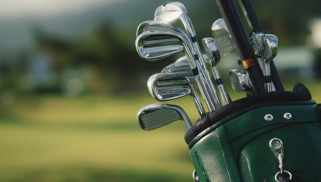 A close-up showcases a set of polished golf clubs nestled inside a green golf bag