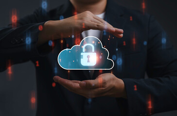 Cloud security and data protection concept with secure cloud and lock icon protected by hands symbolizing cybersecurity, privacy, encryption, secure storage and digital information safety.