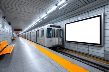 Subway train arriving at station with blank billboard