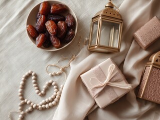 Eid al-Fitr essentials with dates, prayer beads, decorative lanterns, and gift boxes arranged on neutral fabric background, perfect for holiday greeting and cultural celebration concept.