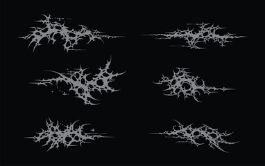 Neo tribal cybersigilism y2k metal tattoo collection with gothic designs for alternative style and body art. set flame ornaments with sharp edges and metalcore aesthetic. Vector decorative elements