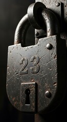Heavy, rusted padlock with number 23 secured on a post.
