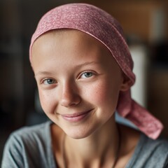 Portrait of a young cancer survivor girl resting in an oncology ward after chemotherapy, bald head with a pink headscarf, showing strength, recovery, and hope for pediatric healthcare awareness.