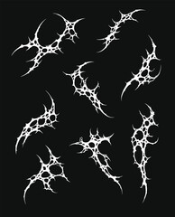 Neo tribal cybersigilism y2k metal tattoo collection with gothic designs for alternative style and body art. set flame ornaments with sharp edges and metalcore aesthetic. Vector decorative elements