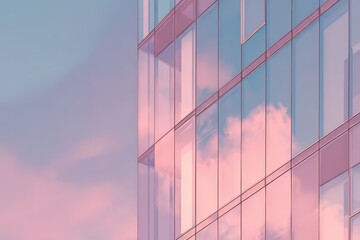 Office tower glass facade with champagne pink tone showing geometric abstractions and soft pastel sky reflections, ideal for lifestyle business creative wellness and elegant corporate concepts.