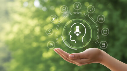 Hand holding digital brain icon with green interface