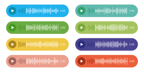 Obraz premium Collection of colorful Voice Message icon. Record voice note messages players with waveforms, playback controls and durations audio icon set for smartphone chat app, podcast interfaces Vector design