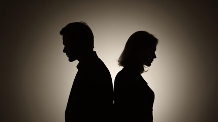 Silhouette of a couple standing back to back, symbolic marital discord and relationship strain, perfect for divorce, counseling, and relationship psychology concept.