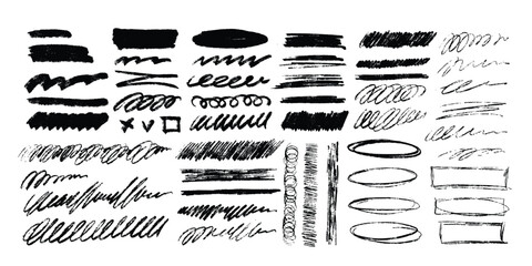 Chalk doodles and lines set. Doodles with grunge textures of pastel, charcoal, and drybrush. Underlines, scribbles, abstract swirls. A collection of design elements. Vector illustration.
