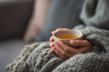Close up unwell person resting on sofa under a soft blanket, hands holding hot tea, quiet moment of flu recovery and emotional comfort at home, perfect for wellness, immunity, and rest therapy concept