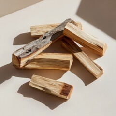 Minimalist still life of palo santo wood sticks with natural imperfections and earthy tones on clean background. Organic sustainable materials for serene slow living wellness lifestyle concept.