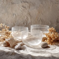 Transparent crystal quartz singing bowls placed on neutral linen with dried flowers and natural elements creating calm Zen mood emphasizing sound healing and spiritual balance for meditation wellness.