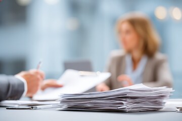 Financial consultant analyzing debt settlement documents with client files, strategic discussion showing problem solving approach for personal finance management and professional advisory services.