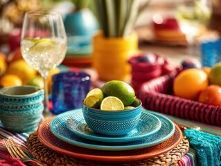 Festive table scene prepared for Cinco de Mayo celebration with colorful Mexican tableware and decorative details, traditional holiday fiesta perfect for cultural food gathering and party event.