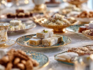 Festive Eid al Fitr dining table prepared with traditional Middle Eastern sweets and tableware, Islamic holiday celebration. Cultural food heritage and family gathering feast during blessed occasion.