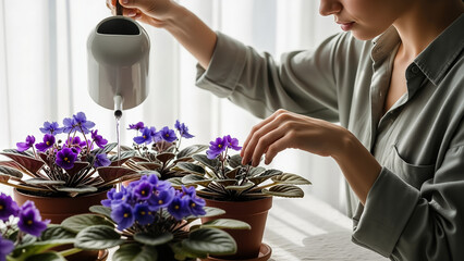 A woman watering potted violets in a sunlit room, caring for her indoor garden, a peaceful photo for lifestyle content.
