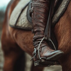 Riding boots and stirrup on horse showing stability and control concept, equestrian equipment closeup perfect for training skill development visuals and horseback riding instruction materials.