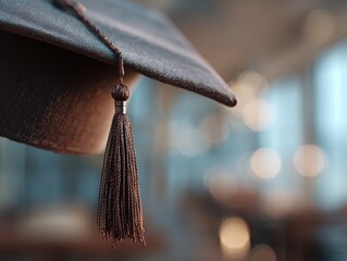Detail shot of graduation cap tassel gently swaying with soft background bokeh blur, poetic symbolic visual storytelling perfect for life transition and new journey beginning concept.